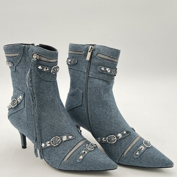 XYD Skyblue Denim Ultra Pointed Toe Kitten Heel Zipped Rivets Studded Ankle Boot - Picture 4 of 8